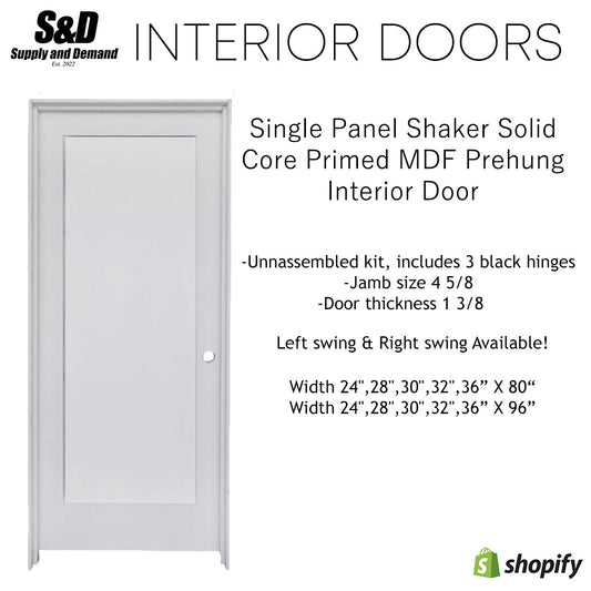 Single Panel Shaker Solid Core Primed MDF Prehung Interior Door